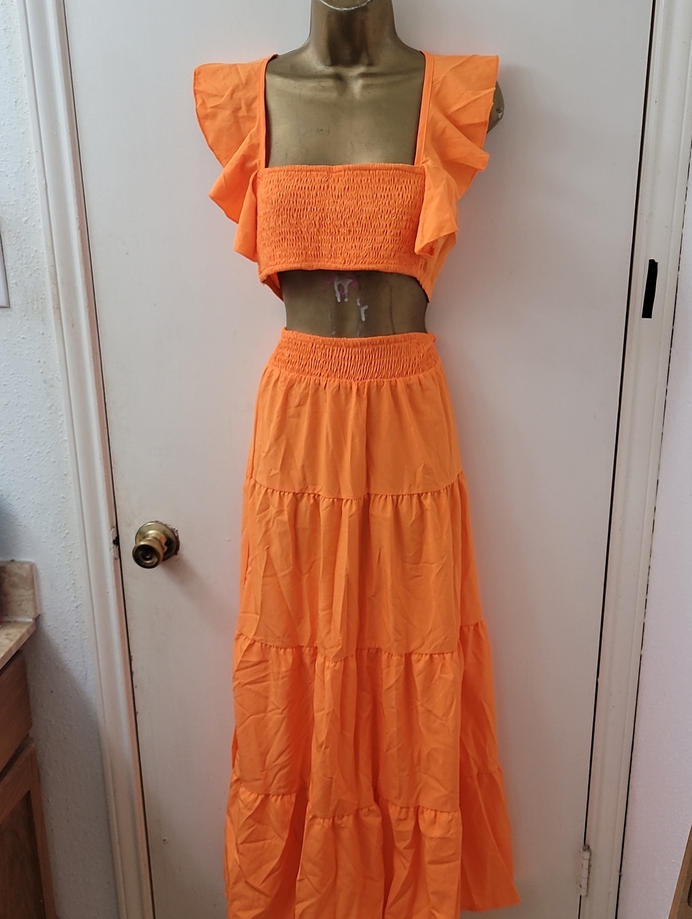 Bright Orange Smocked Maxi Dress with Ruffled Straps